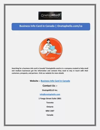 Business Info Card in Canada | Onetaphello.com/ca
