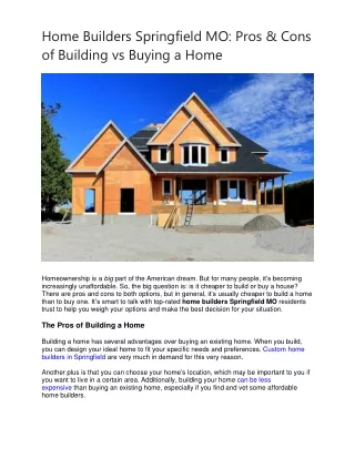 Home Builders Springfield MO - Pros & Cons of Building vs Buying a Home