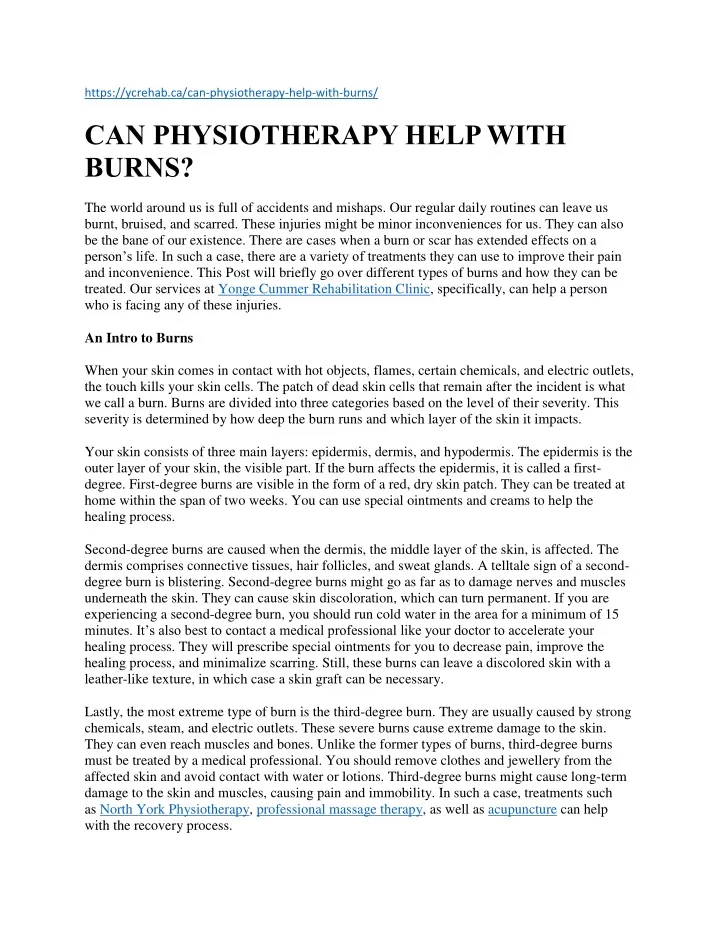 https ycrehab ca can physiotherapy help with burns
