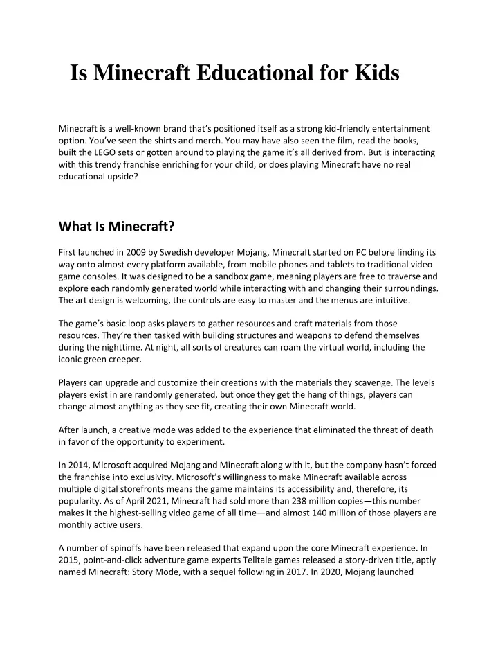 is minecraft educational for kids