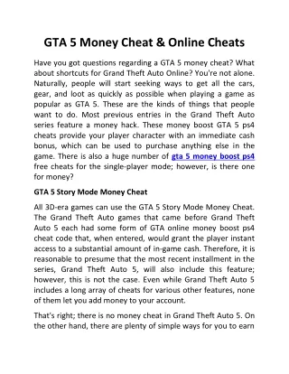 GTA 5 Money Cheat and online Cheats