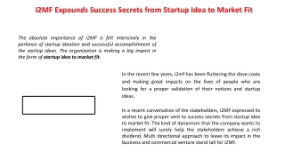 i2MF expounds success secrets from startup idea to market fit