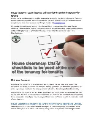 House clearance-List of checklists to be used at the end of the tenancy for tenants