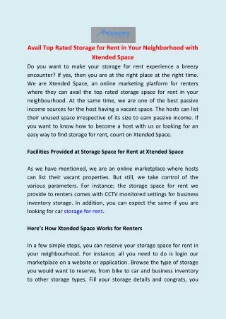Avail Top Rated Storage for Rent in Your Neighborhood with Xtended Space