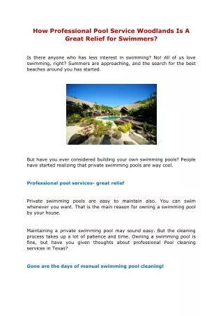 How Professional Pool Service Woodlands Is A Great Relief for Swimmers?