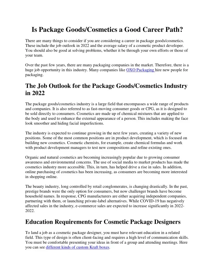is package goods cosmetics a good career path