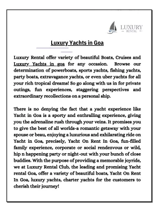 Luxury Yachts in Goa