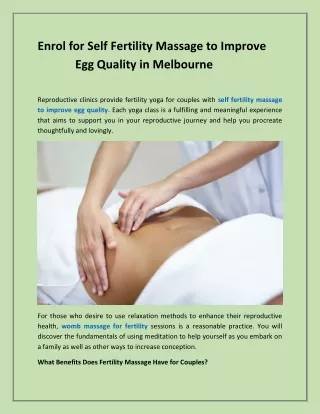 Enrol for Self Fertility Massage to Improve Egg Quality in Melbourne