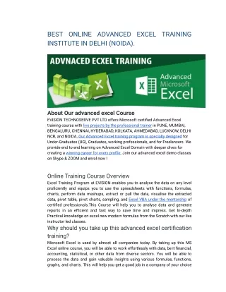 BEST ONLINE ADVANCED EXCEL TRAINING INSTITUTE IN DELHI (NOIDA).