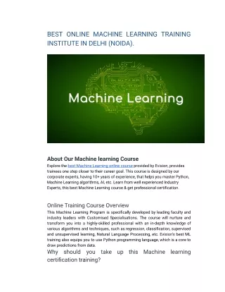 BEST ONLINE MACHINE LEARNING TRAINING INSTITUTE IN DELHI (NOIDA).