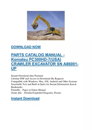Komatsu PC300HD-7 CRAWLER EXCAVATOR PARTS MANUAL SN A86001-UP