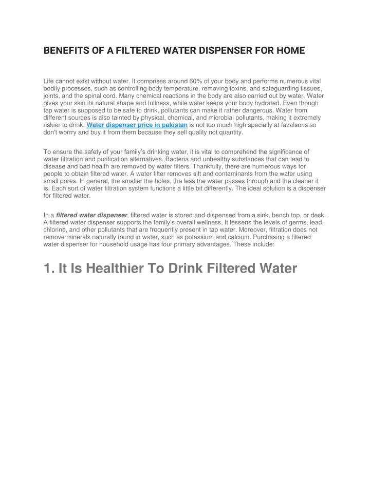 benefits of a filtered water dispenser for home