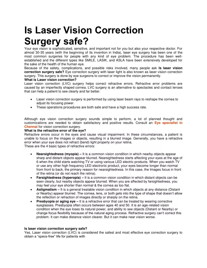 is laser vision correction surgery safe your
