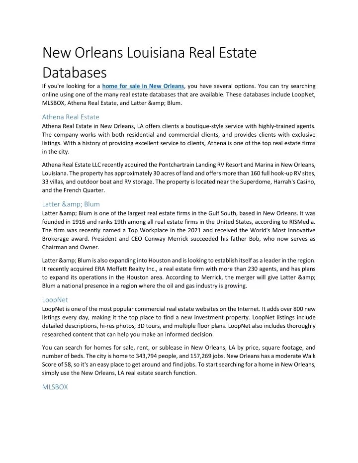 new orleans louisiana real estate databases