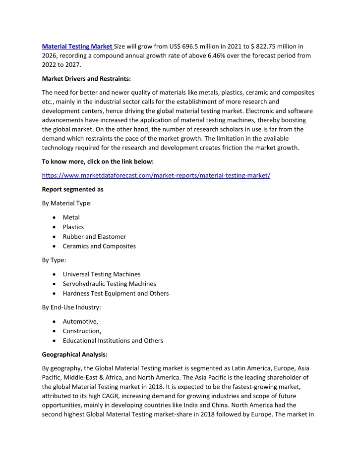 material testing market size will grow from