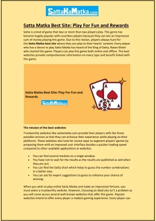 Satta Matka Best Site: Play For Fun and Rewards