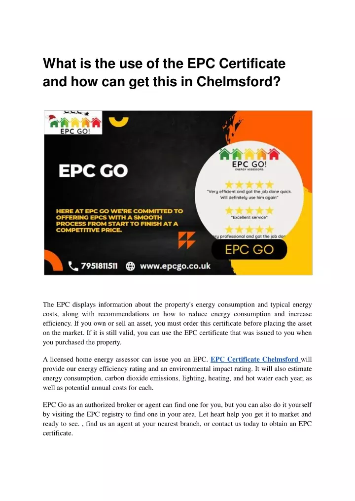 what is the use of the epc certificate and how can get this in chelmsford