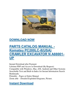 PARTS MANUAL PC200LC-8 Komatsu CRAWLER EXCAVATOR N A88001-UP