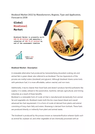 biodiesel market 2022 by manufacturers regions