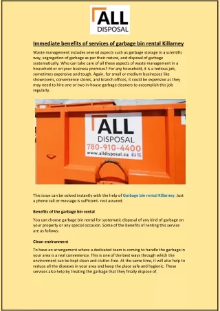 Immediate benefits of services of garbage bin rental Killarney