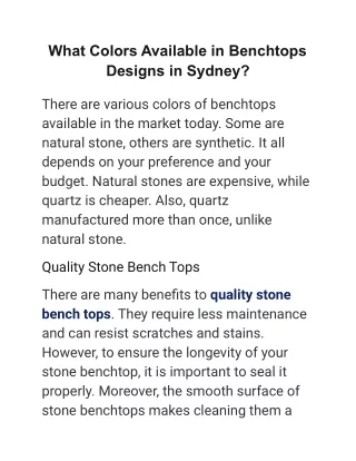 what colors available in benchtops designs