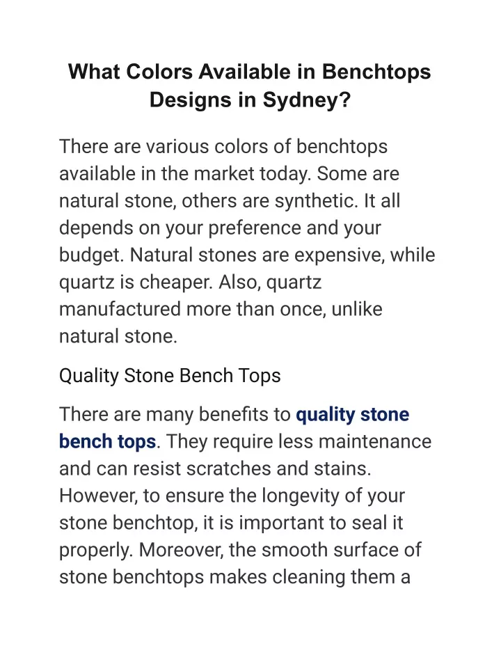 what colors available in benchtops designs