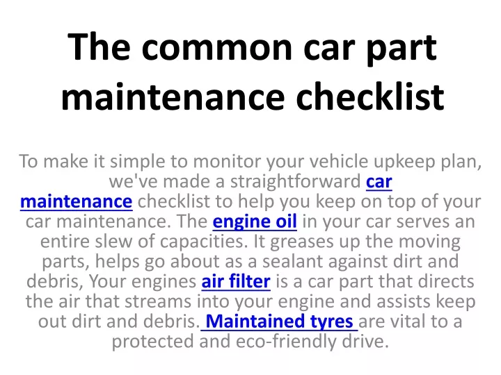 the common car part maintenance checklist