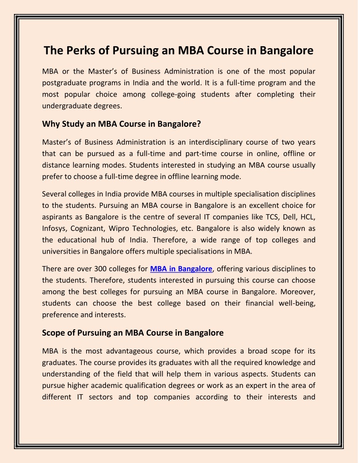 the perks of pursuing an mba course in bangalore