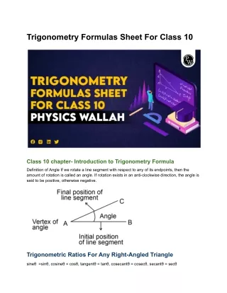 trigonometry formulas sheet for class 10