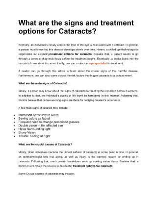What are the signs and treatment options for Cataracts?