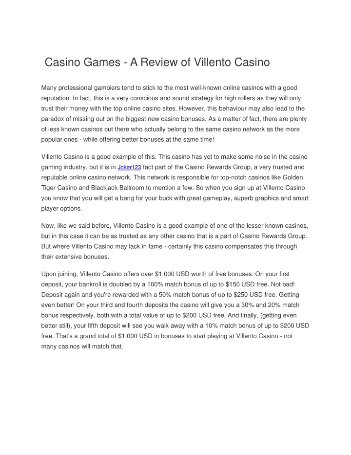 casino games a review of villento casino