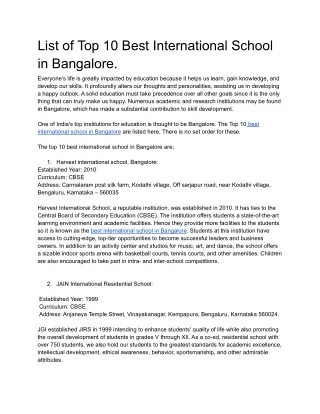 List of Top 10 Best International School in Bangalore.