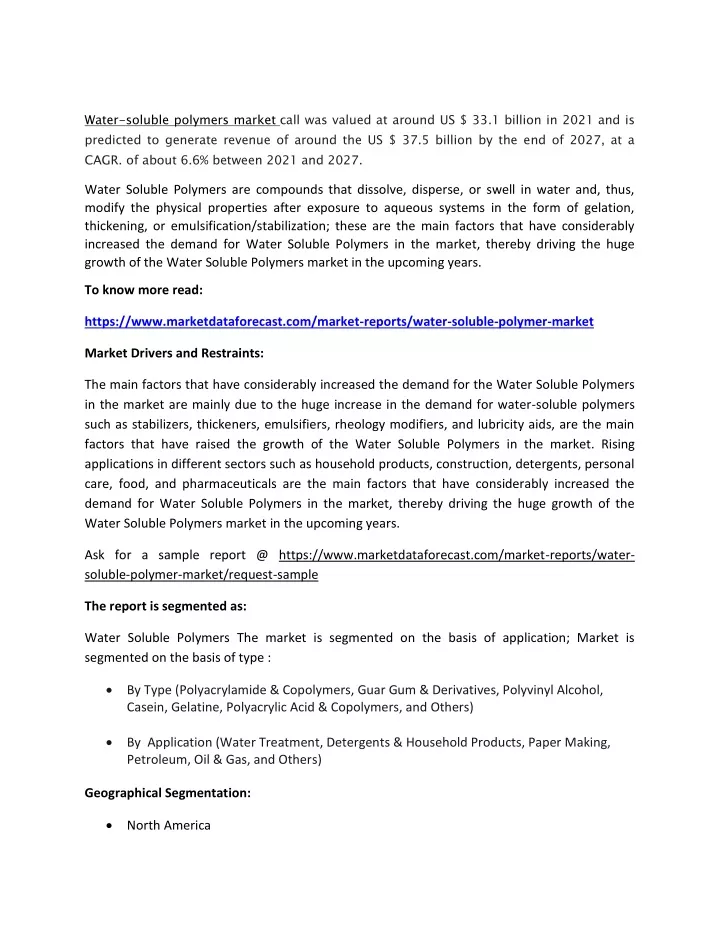 water soluble polymers market call was valued