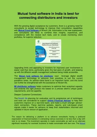 Mutual fund software in India is best for connecting distributors and investors