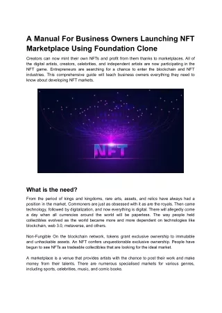 A Manual For Business Owners Launching NFT Marketplace Using Foundation Clone