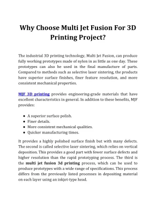 Why Choose Multi Jet Fusion For 3D Printing Project