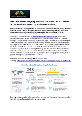 Rare Earth Metals Recycling Market will be Worth over US$ 422 Million by 2026, M