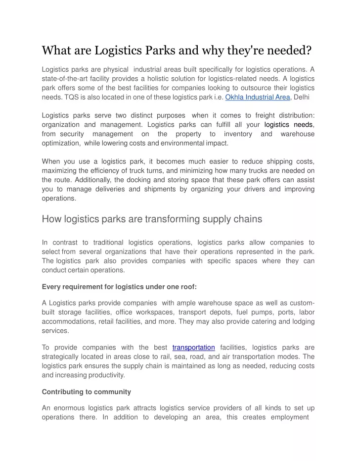 what are logistics parks and why they re needed