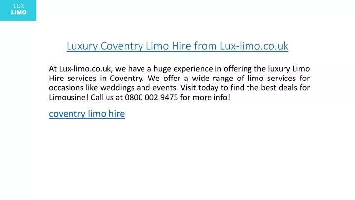 luxury coventry limo hire from lux limo co uk