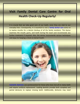 Visit Family Dental Care Centre for Oral Health Check-Up Regularly!