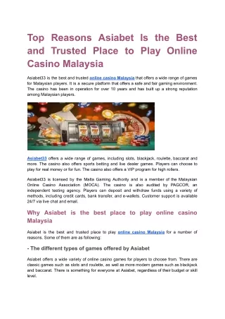 Top Reasons Asiabet Is the Best and Trusted Place to Play Online Casino Malaysia