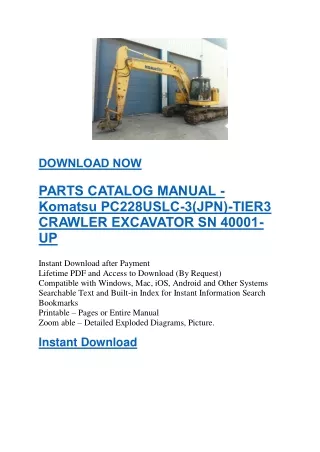Komatsu PC228USLC-3(JPN)-TIER3 CRAWLER EXCAVATOR PARTS CATALOG MANUALSN 40001-UP