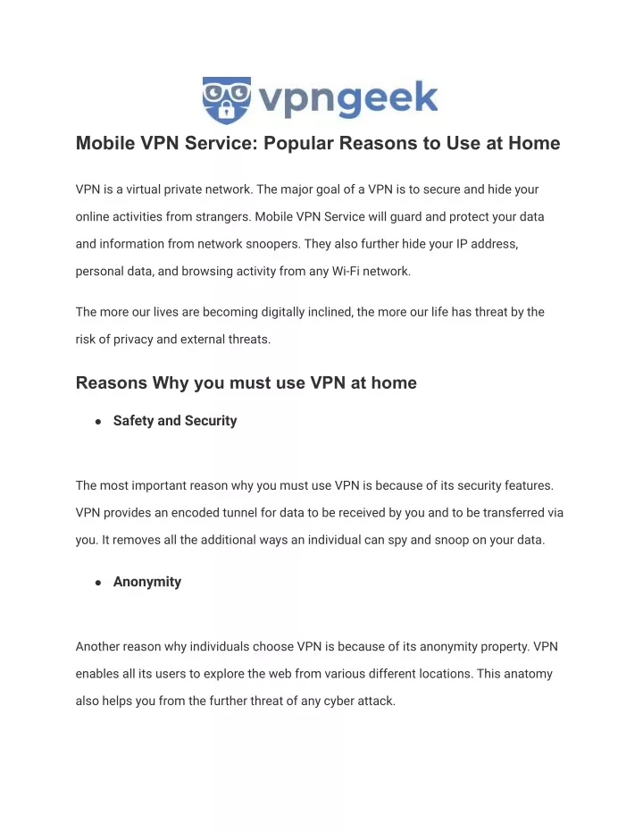 mobile vpn service popular reasons to use at home