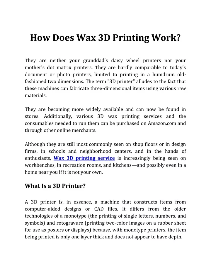 how does wax 3d printing work