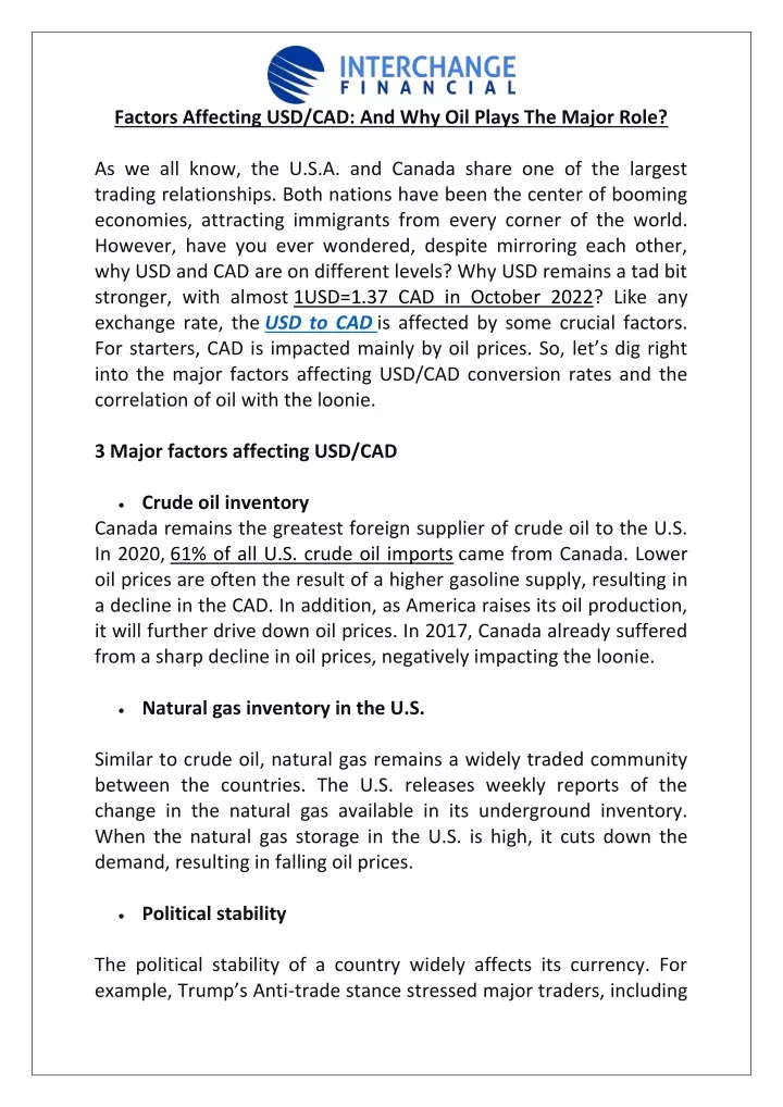 factors affecting usd cad and why oil plays