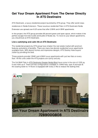 Get Your Dream Apartment From The Owner Directly In ATS Destinaire