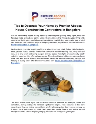 Tips to Decorate Your Home by Premier Abodes House Construction Contractors in Bangalore