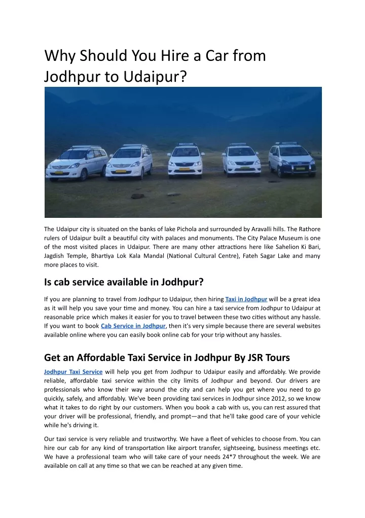 why should you hire a car from jodhpur to udaipur