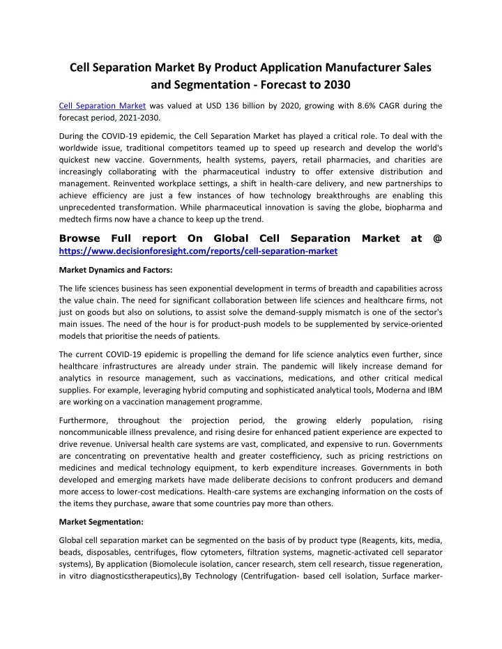 cell separation market by product application