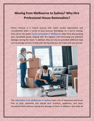 Moving from Melbourne to Sydney? Why Hire Professional House Removalists?